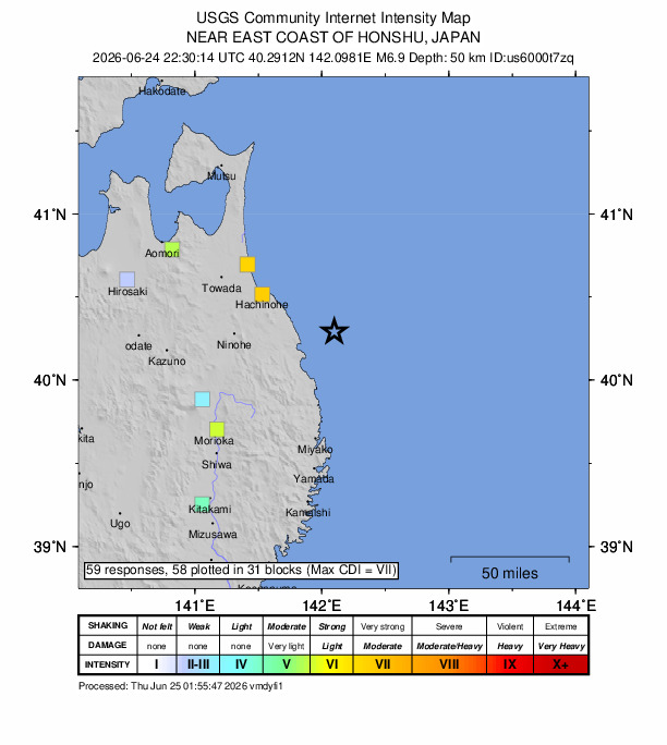 USGS DYFI community-reported intensity map for the M6.9 earthquake near 30 km ENE of Kuji, Japan