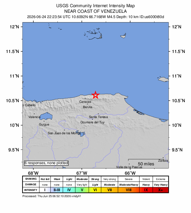 USGS DYFI community-reported intensity map for the M4.5 earthquake near 13 km N of Caucagüito, Venezuela