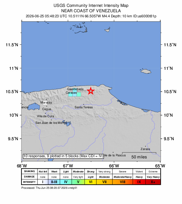 USGS DYFI community-reported intensity map for the M4.4 earthquake near 5 km NE of Guatire, Venezuela