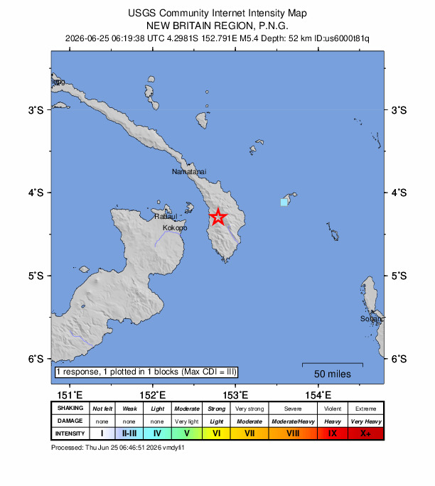 USGS DYFI community-reported intensity map for the M5.4 earthquake near 58 km E of Kokopo, Papua New Guinea