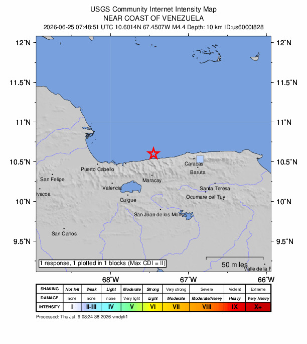 USGS DYFI community-reported intensity map for the M4.4 earthquake near 38 km NNE of El Limón, Venezuela