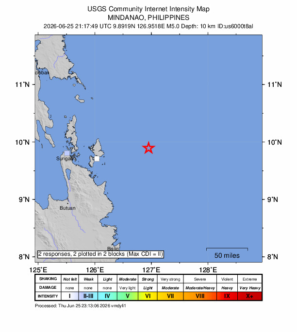 USGS DYFI community-reported intensity map for the M5.0 earthquake near 93 km E of Union, Philippines