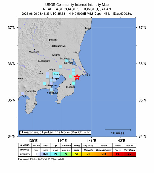 USGS DYFI community-reported intensity map for the M5.8 earthquake near 3 km SE of Yokoshiba, Japan