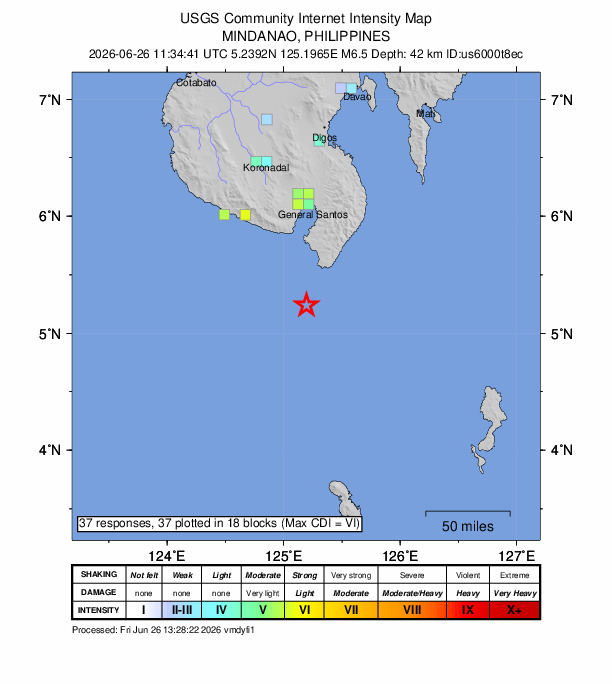 USGS DYFI community-reported intensity map for the M6.5 earthquake near 34 km WSW of Sarangani, Philippines