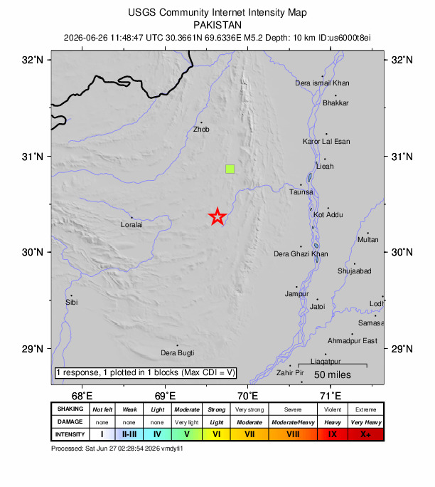 USGS DYFI community-reported intensity map for the M5.2 earthquake near 52 km NNE of Barkhan, Pakistan