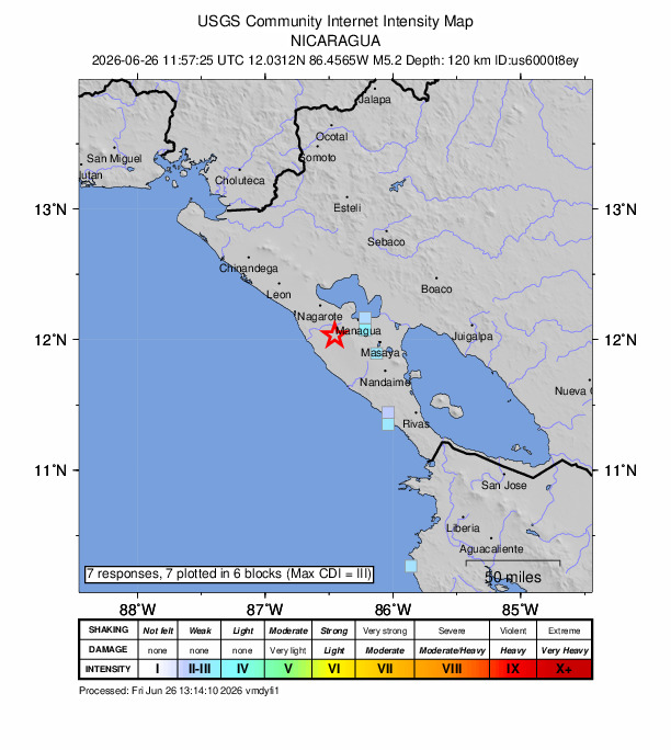 USGS DYFI community-reported intensity map for the M5.2 earthquake near 7 km NE of Villa El Carmen, Nicaragua