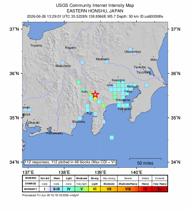 USGS DYFI community-reported intensity map for the M5.7 earthquake near 7 km N of Oshino, Japan