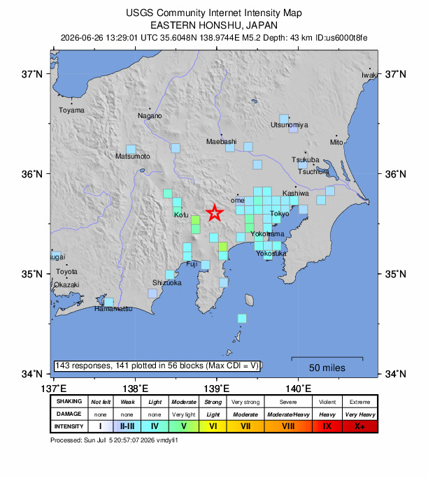 USGS DYFI community-reported intensity map for the M5.2 earthquake near 1 km S of Ōtsuki, Japan