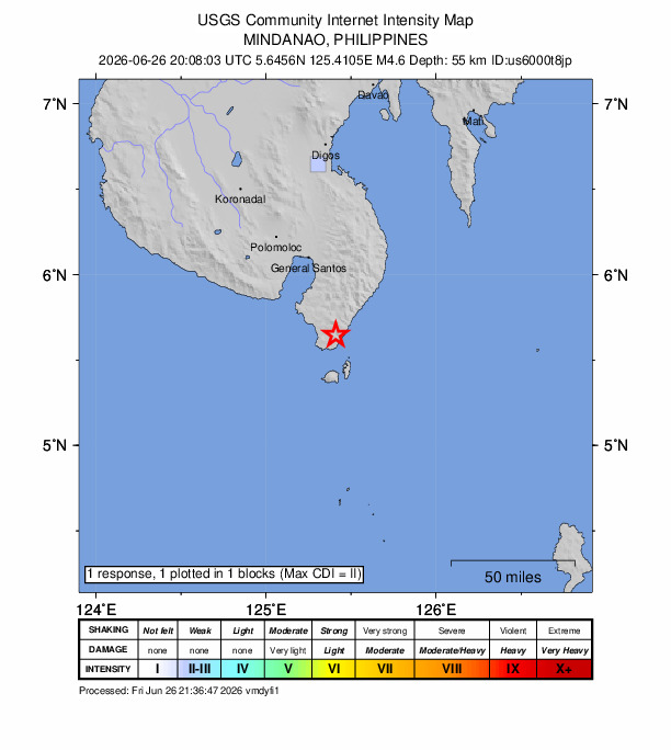 USGS DYFI community-reported intensity map for the M4.6 earthquake near 3 km WNW of Nuing, Philippines