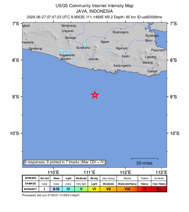USGS DYFI community-reported intensity map for the M5.2 earthquake near 114 km SSW of Trenggalek, Indonesia