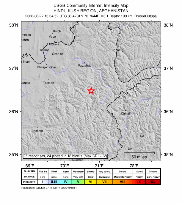 USGS DYFI community-reported intensity map for the M6.1 earthquake near 43 km S of Jurm, Afghanistan