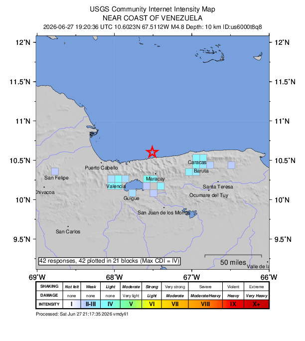 USGS DYFI community-reported intensity map for the M4.8 earthquake near 35 km NNE of El Limón, Venezuela