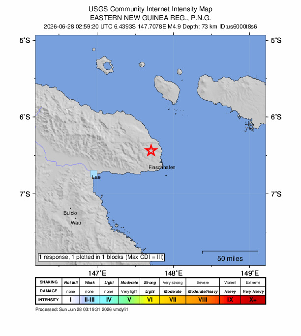 USGS DYFI community-reported intensity map for the M4.9 earthquake near 20 km NW of Finschhafen, Papua New Guinea