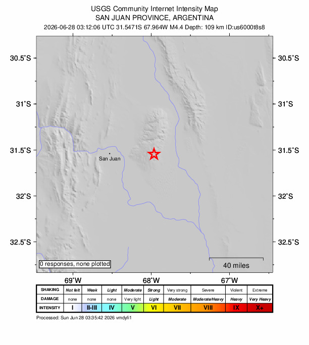 USGS DYFI community-reported intensity map for the M4.4 earthquake near 32 km ENE of Caucete, Argentina