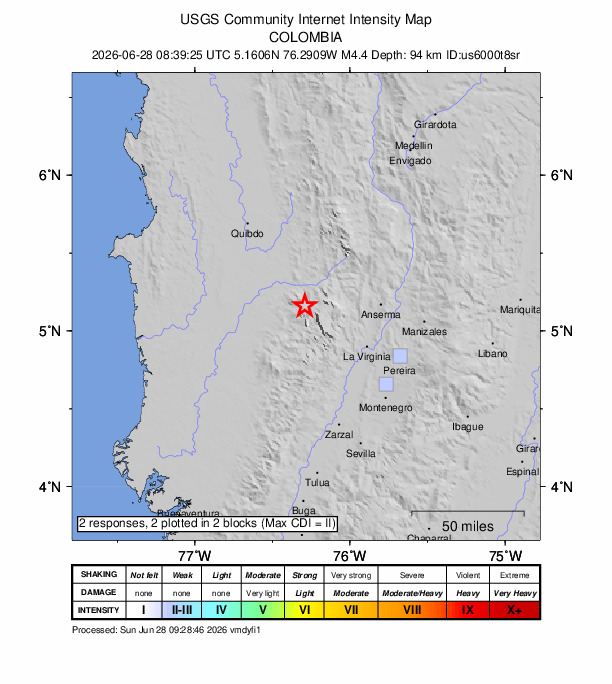 USGS DYFI community-reported intensity map for the M4.4 earthquake near 29 km WSW of Pueblo Rico, Colombia