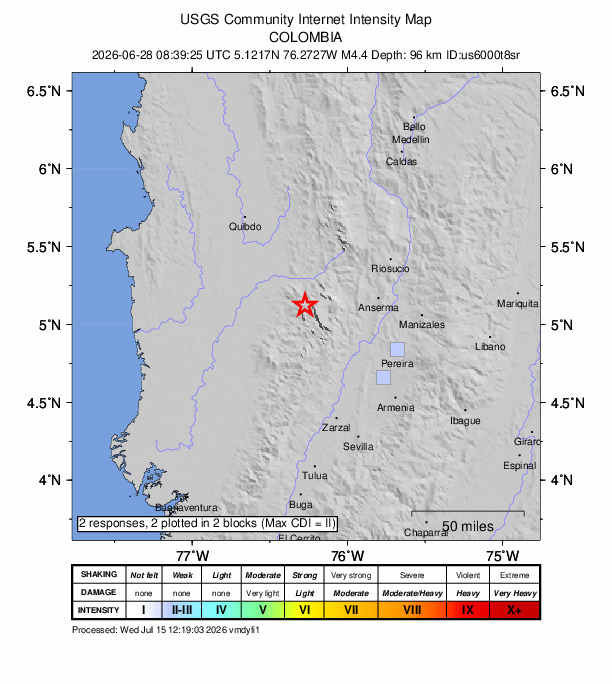 USGS DYFI community-reported intensity map for the M4.4 earthquake near 25 km N of San José del Palmar, Colombia