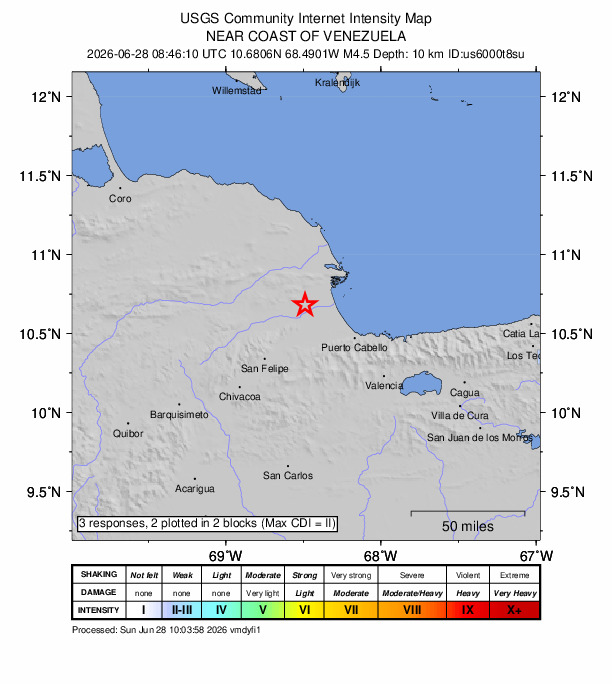 USGS DYFI community-reported intensity map for the M4.5 earthquake near 20 km W of Boca de Aroa, Venezuela