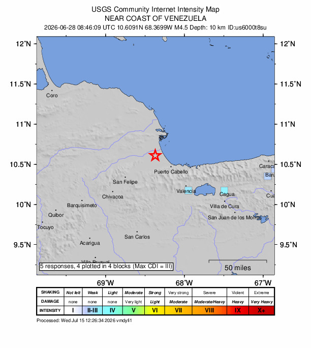 USGS DYFI community-reported intensity map for the M4.5 earthquake near 11 km SW of Boca de Aroa, Venezuela