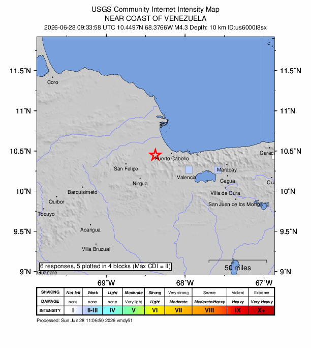 USGS DYFI community-reported intensity map for the M4.3 earthquake near 19 km WSW of Morón, Venezuela
