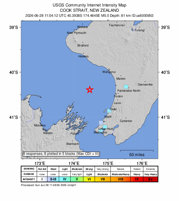 USGS DYFI community-reported intensity map for the M5.0 earthquake near 65 km W of Foxton Beach, New Zealand