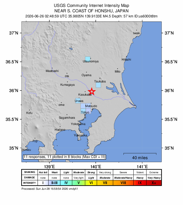 USGS DYFI community-reported intensity map for the M4.5 earthquake near 5 km NE of Noda, Japan