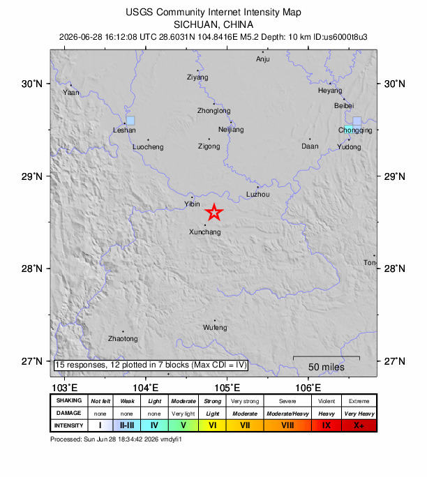 USGS DYFI community-reported intensity map for the M5.2 earthquake near 8 km WNW of Changning, China