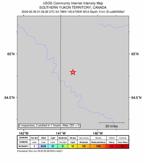 USGS DYFI community-reported intensity map for the M3.6 earthquake near 21 km E of Eagle Village, Alaska
