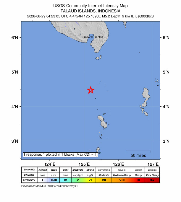 USGS DYFI community-reported intensity map for the M5.2 earthquake near 107 km SSW of Sarangani, Philippines