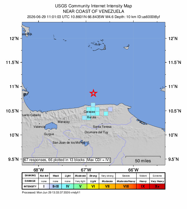 USGS DYFI community-reported intensity map for the M4.6 earthquake near 27 km N of Caraballeda, Venezuela