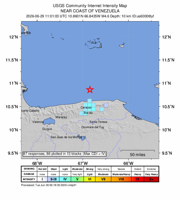 USGS DYFI community-reported intensity map for the M4.6 earthquake near 27 km N of Caraballeda, Venezuela