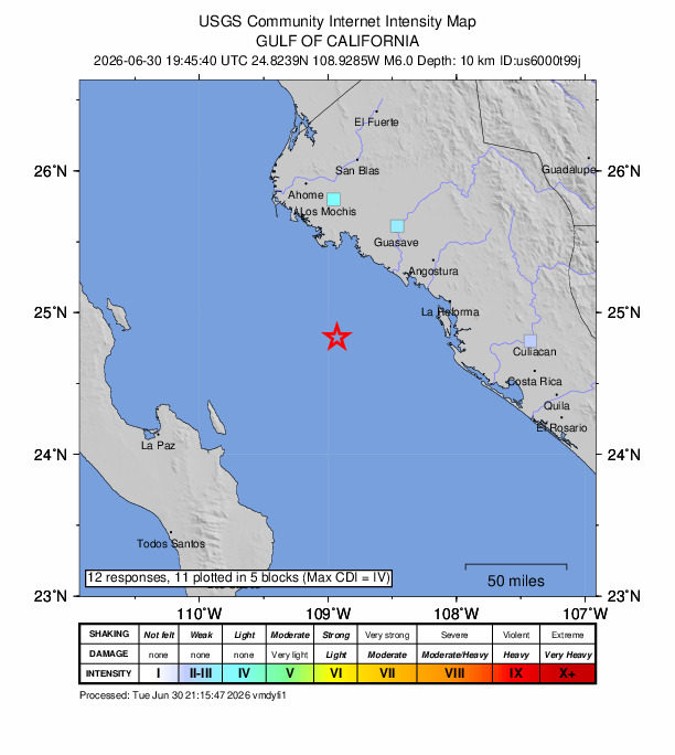 USGS DYFI community-reported intensity map for the M6.0 earthquake near 75 km SSW of El Progreso, Mexico