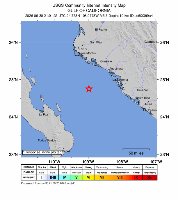 USGS DYFI community-reported intensity map for the M5.3 earthquake near 84 km SSW of El Progreso, Mexico