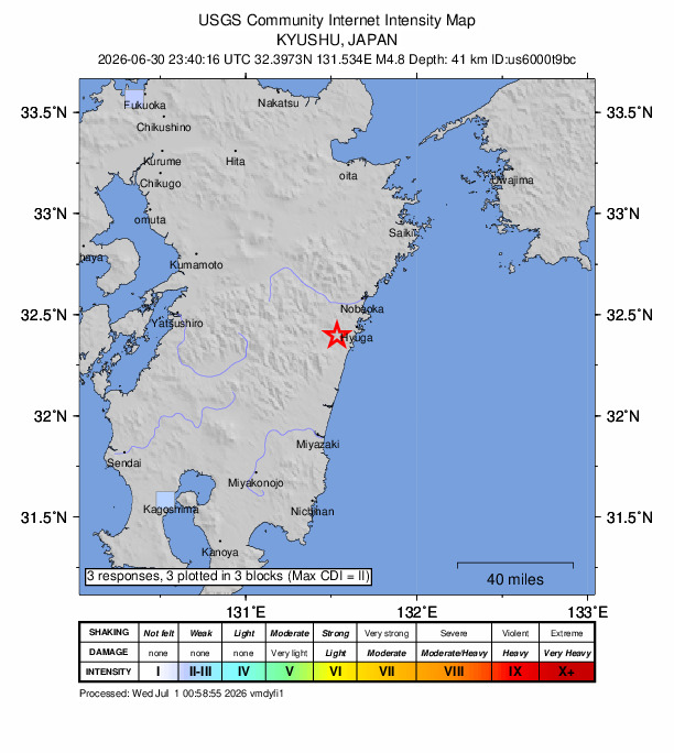 USGS DYFI community-reported intensity map for the M4.8 earthquake near 10 km WSW of Hyūga, Japan