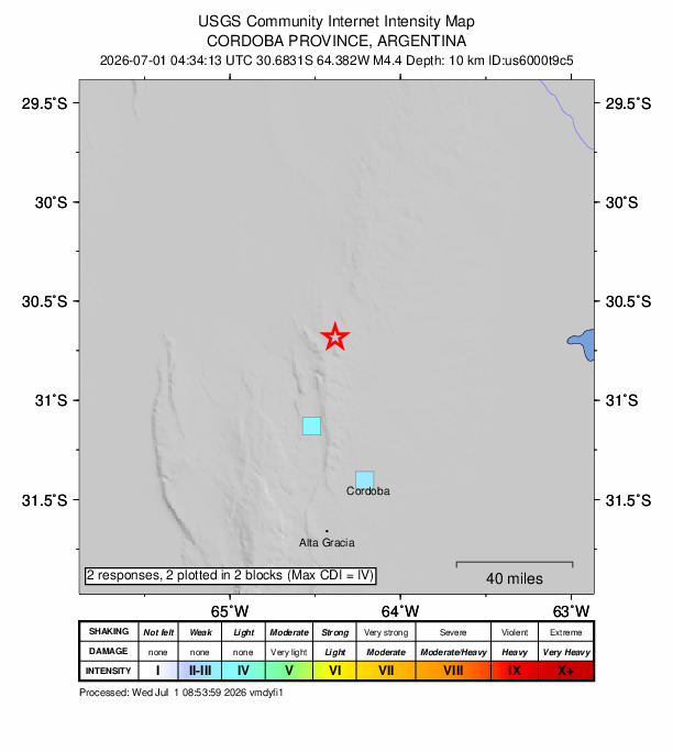 USGS DYFI community-reported intensity map for the M4.4 earthquake near 24 km NE of Capilla del Monte, Argentina