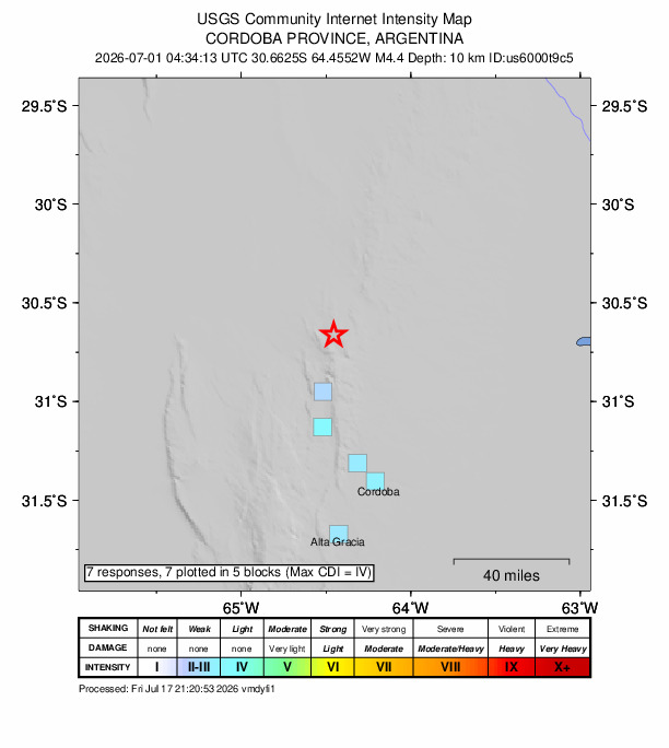 USGS DYFI community-reported intensity map for the M4.4 earthquake near 22 km NNE of Capilla del Monte, Argentina