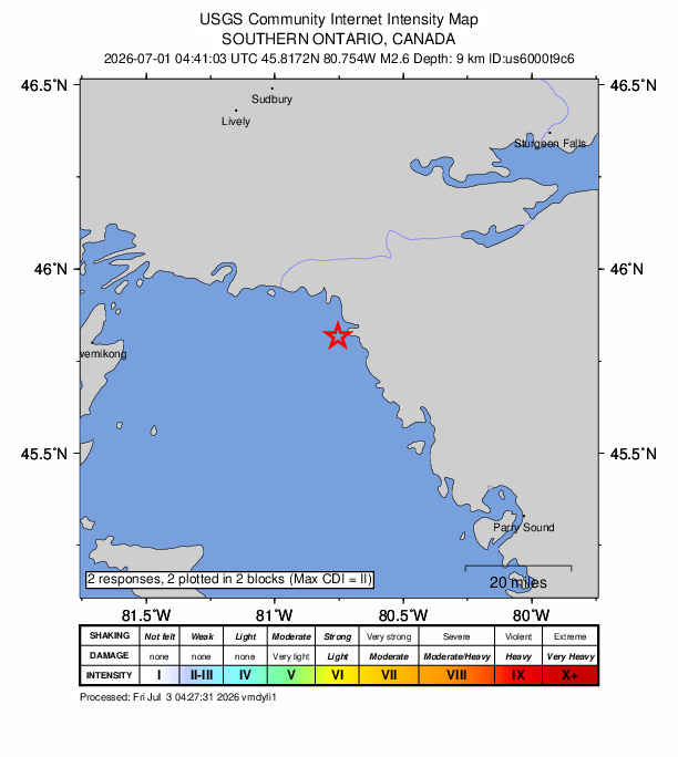 USGS DYFI community-reported intensity map for the M2.6 earthquake near 75 km SSE of Lively, Canada
