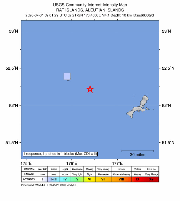 USGS DYFI community-reported intensity map for the M4.1 earthquake near 229 km ESE of Attu Station, Alaska