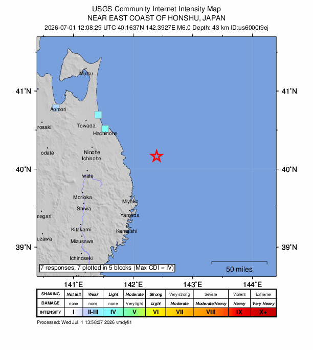 USGS DYFI community-reported intensity map for the M6.0 earthquake near 49 km E of Noda, Japan