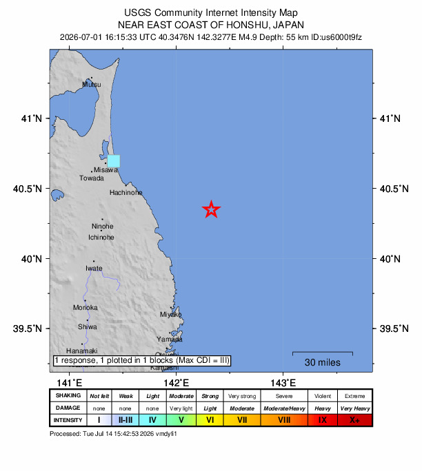 USGS DYFI community-reported intensity map for the M4.9 earthquake near 50 km ENE of Kuji, Japan