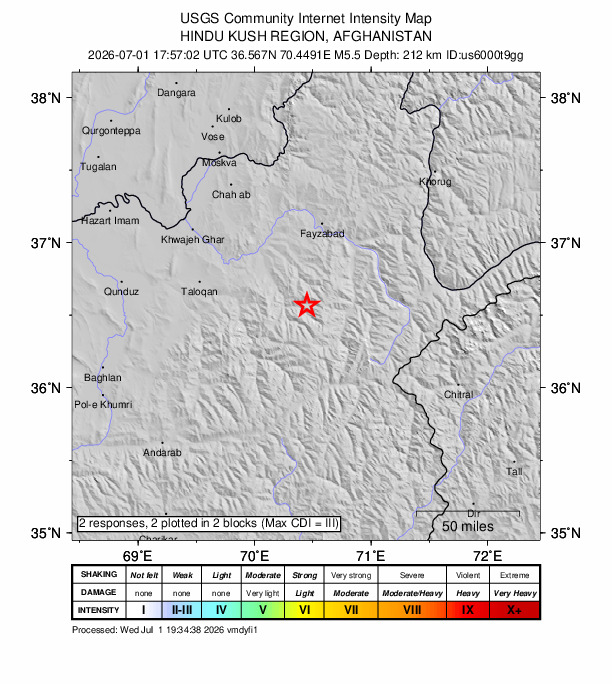 USGS DYFI community-reported intensity map for the M5.5 earthquake near 47 km SW of Jurm, Afghanistan