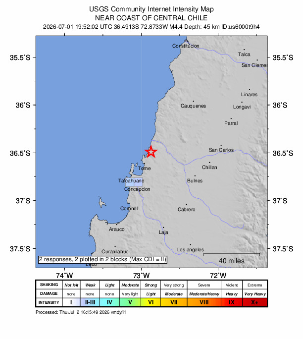 USGS DYFI community-reported intensity map for the M4.4 earthquake near 15 km NNE of Tomé, Chile