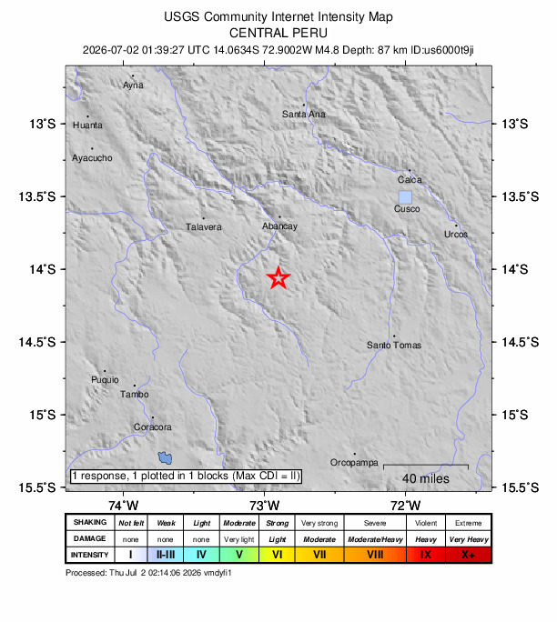 USGS DYFI community-reported intensity map for the M4.8 earthquake near 20 km ESE of Chapimarca, Peru