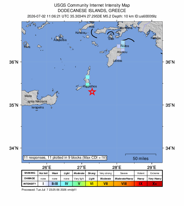 USGS DYFI community-reported intensity map for the M5.2 earthquake near 23 km SSE of Karpathos, Greece