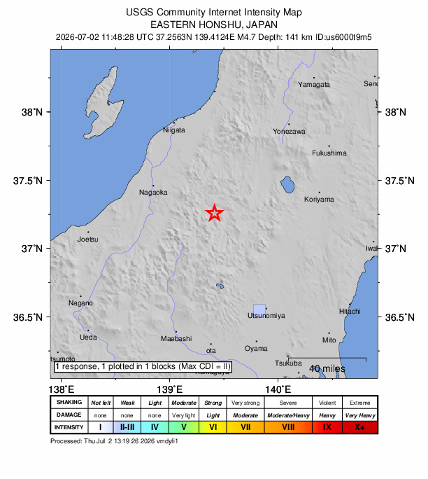 USGS DYFI community-reported intensity map for the M4.7 earthquake near 39 km E of Uonuma, Japan