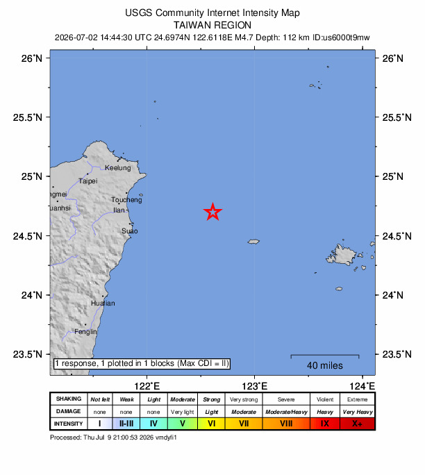 USGS DYFI community-reported intensity map for the M4.7 earthquake near 46 km WNW of Yonakuni, Japan