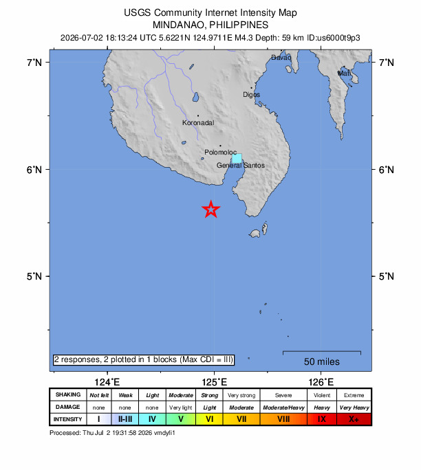 USGS DYFI community-reported intensity map for the M4.3 earthquake near 26 km S of Maasim, Philippines