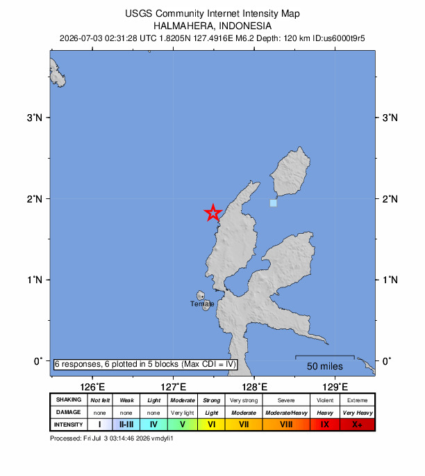 USGS DYFI community-reported intensity map for the M6.2 earthquake near 58 km W of Tobelo, Indonesia