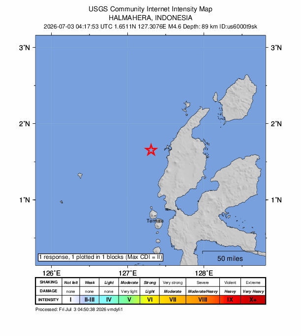 USGS DYFI community-reported intensity map for the M4.6 earthquake near 78 km W of Tobelo, Indonesia