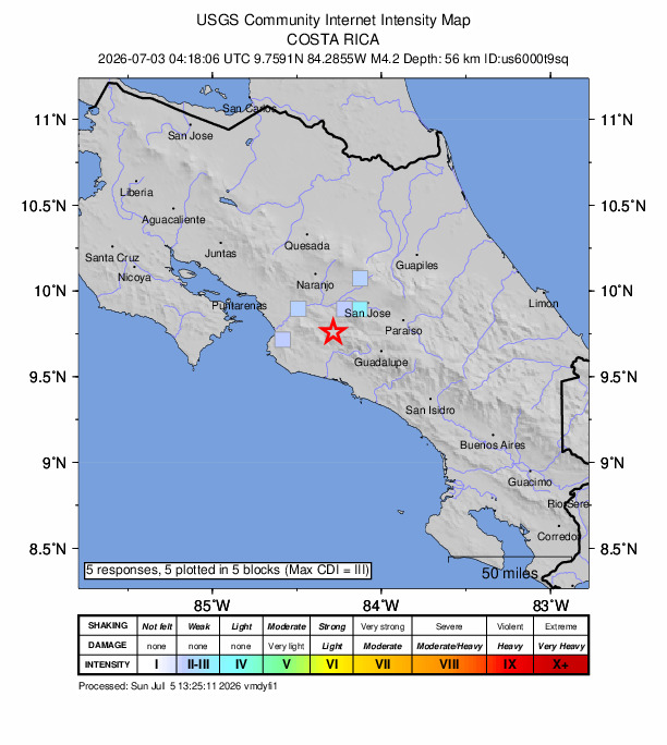 USGS DYFI community-reported intensity map for the M4.2 earthquake near 6 km WNW of Tejar, Costa Rica