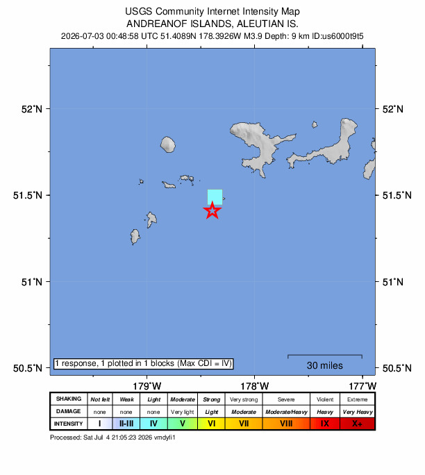 USGS DYFI community-reported intensity map for the M3.9 earthquake near 132 km WSW of Adak, Alaska